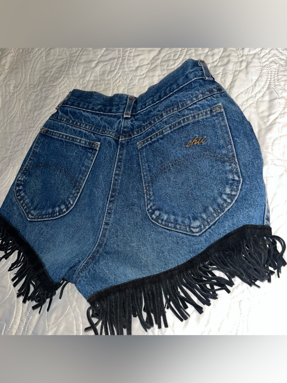 VINTAGE CHIC Boho Denim with Black Fringe High-Waist Shorts - Picture 6 of 11
